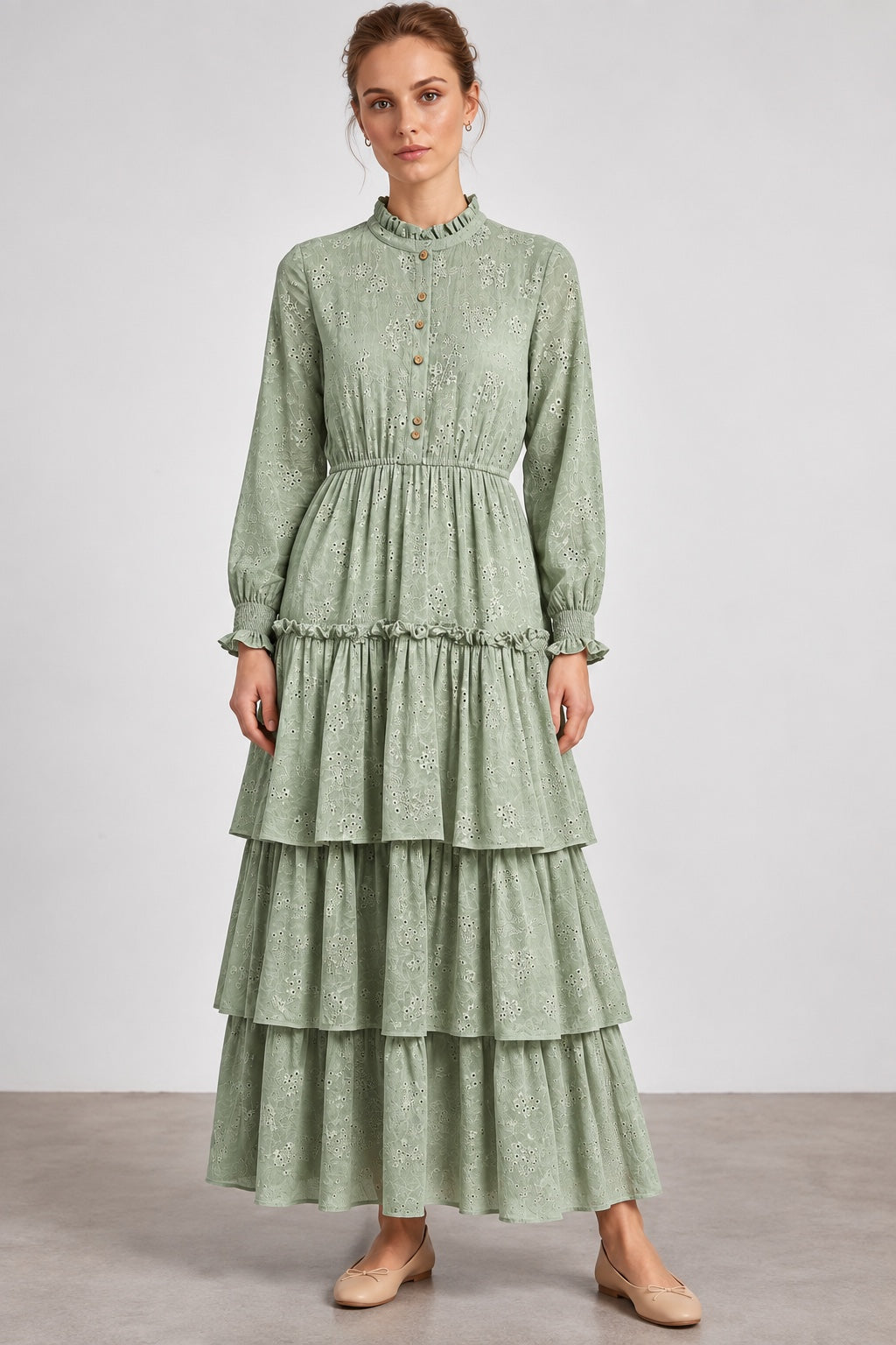 Wren | Botanical Tiered Dress — Mint (front)