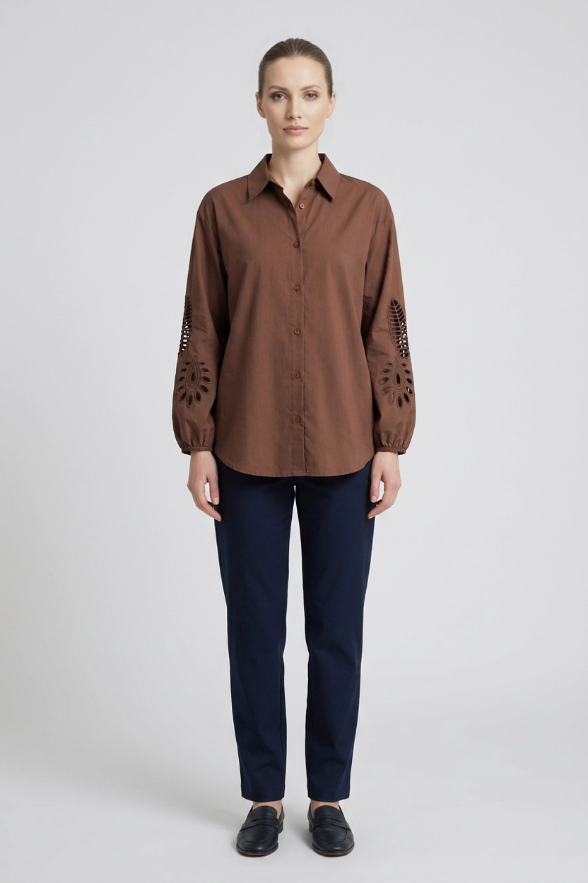 Odette | Crisp Cotton Shirt — Brown (front)