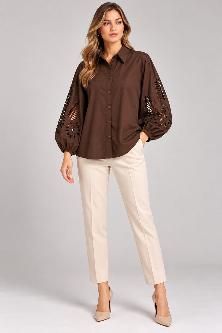 Odette | Crisp Cotton Shirt — Brown (front)