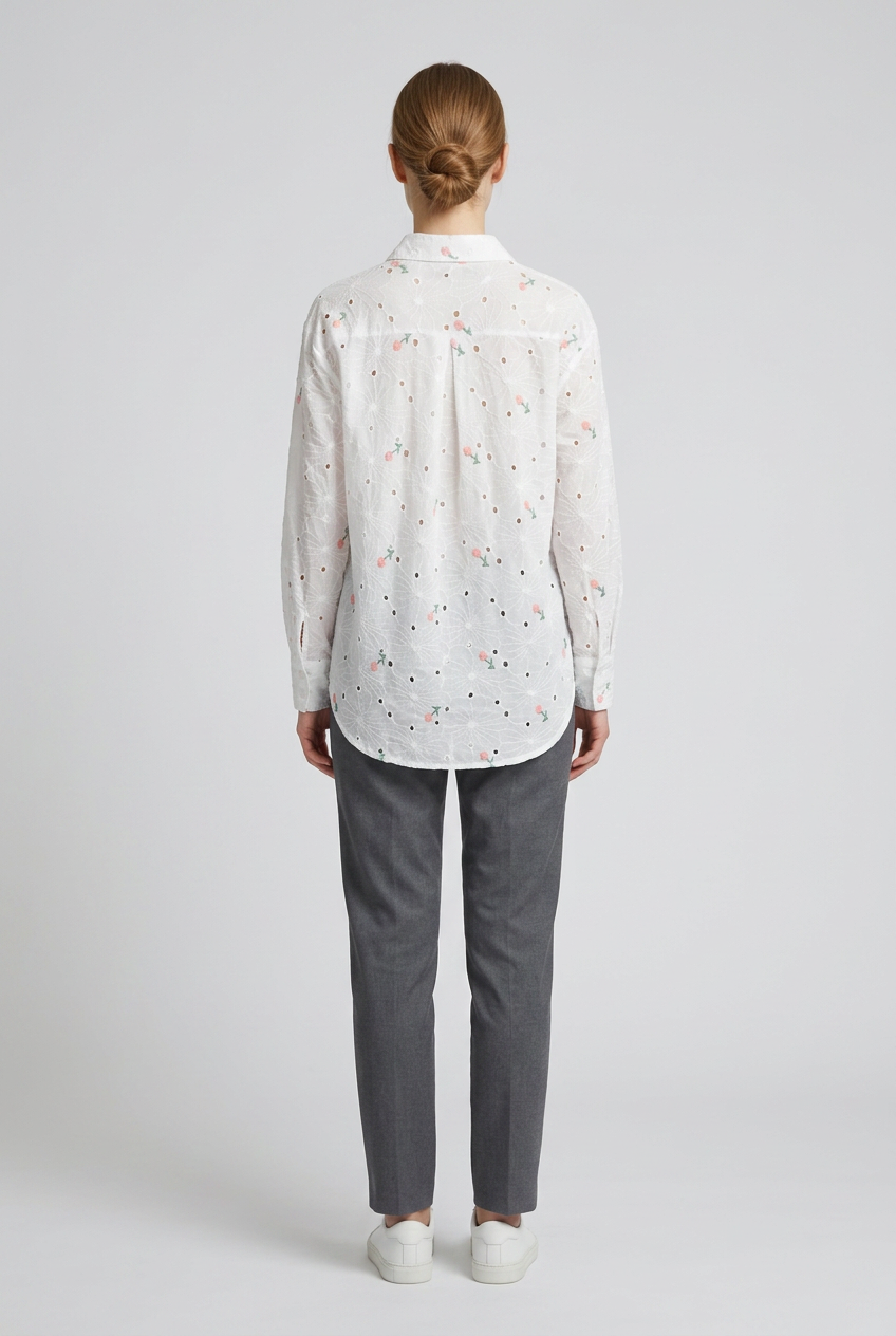 Posy | Rosebud Embroidered Eyelet Shirt — White (back)