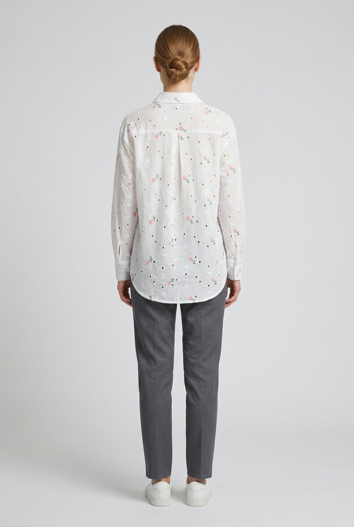 Posy | Rosebud Embroidered Eyelet Shirt — White (back)