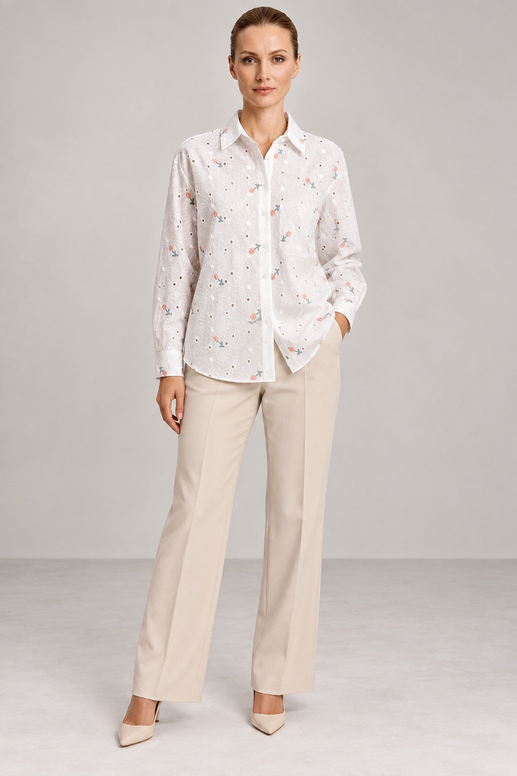 Posy | Rosebud Embroidered Eyelet Shirt — White (front)