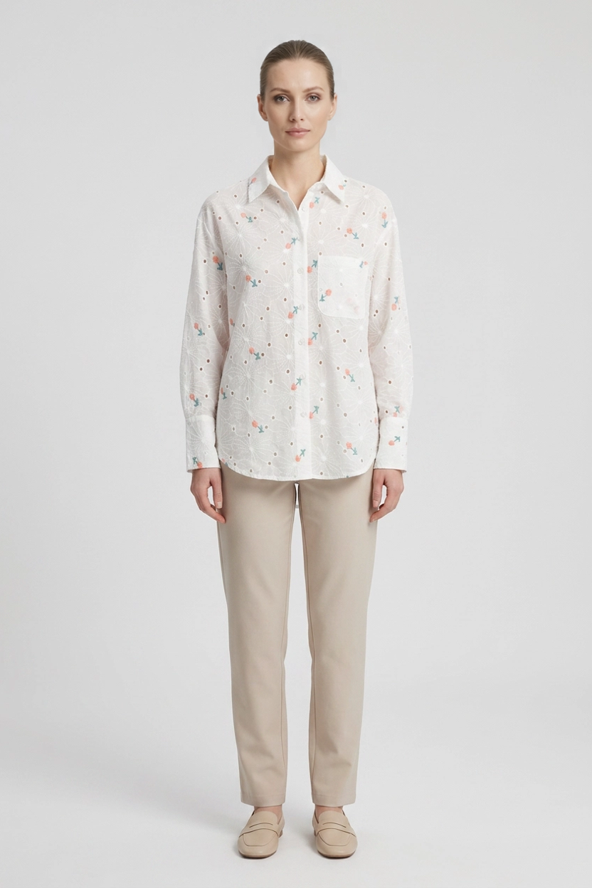 Posy | Rosebud Embroidered Eyelet Shirt — White (front)