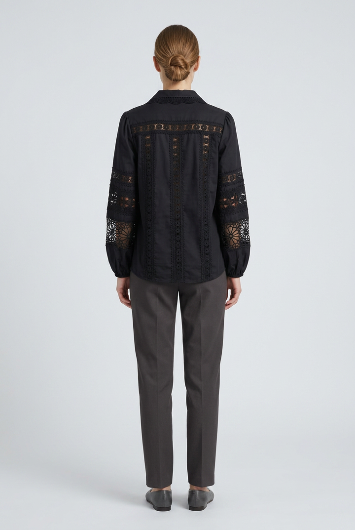 Genevieve | Crochet Lace Trim Poplin Shirt — Black (back)