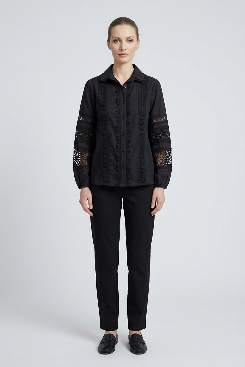Genevieve | Crochet Lace Trim Poplin Shirt — Black (front)