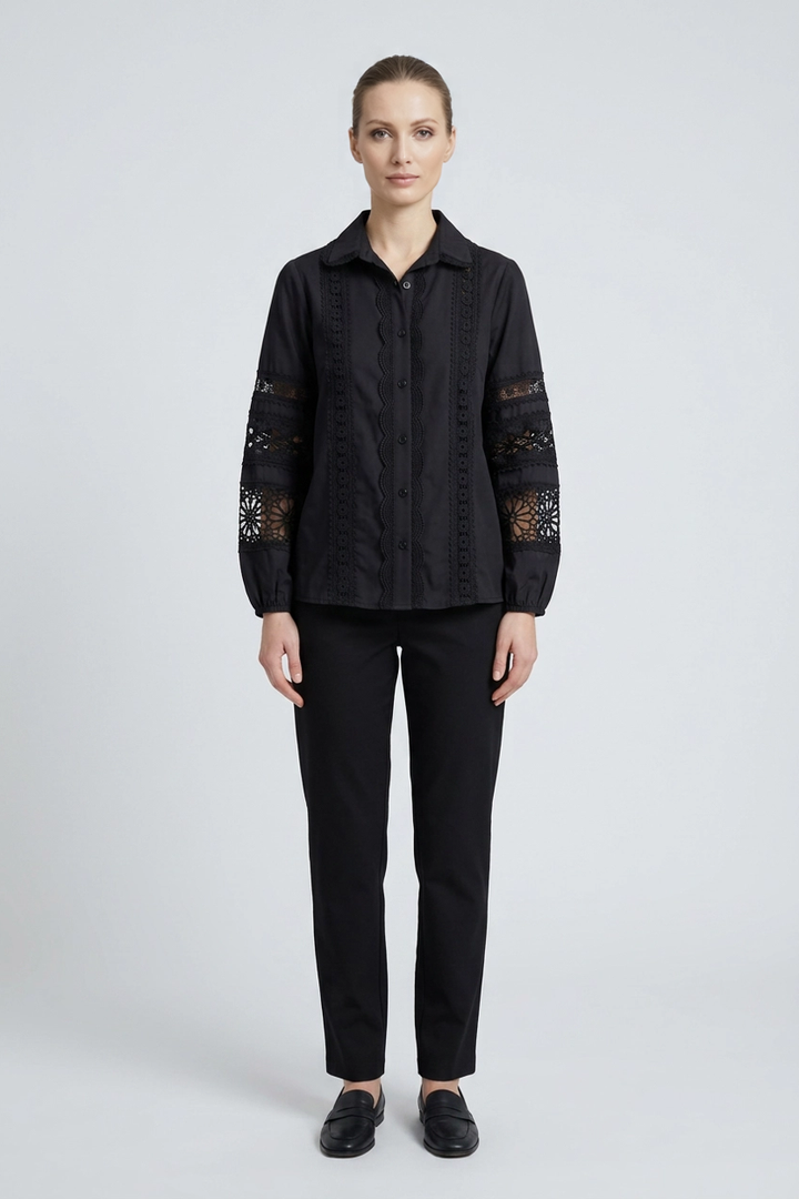 Genevieve | Crochet Lace Trim Poplin Shirt — Black (front)