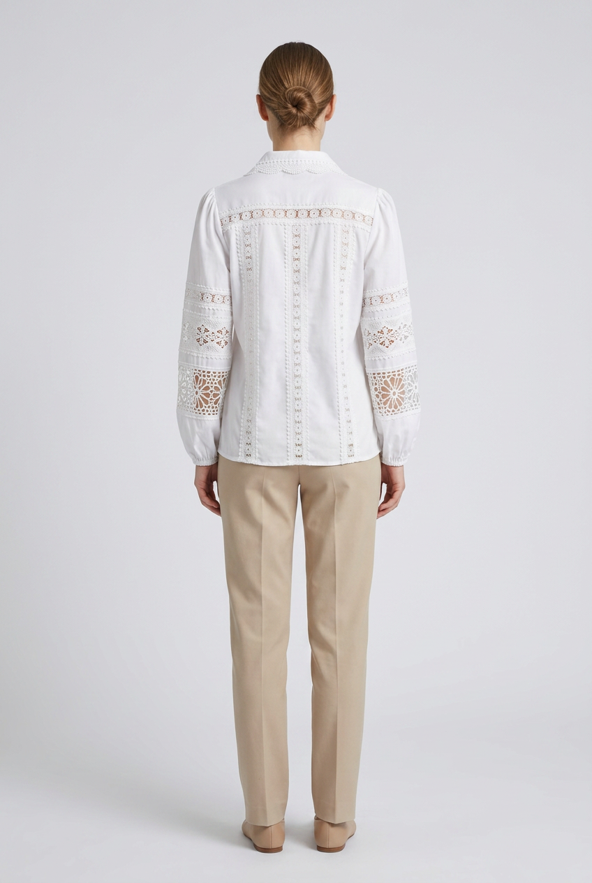 Genevieve | Crochet Lace Trim Poplin Shirt — White (back)