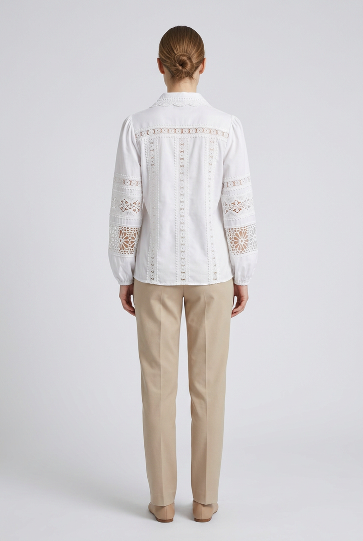 Genevieve | Crochet Lace Trim Poplin Shirt — White (back)