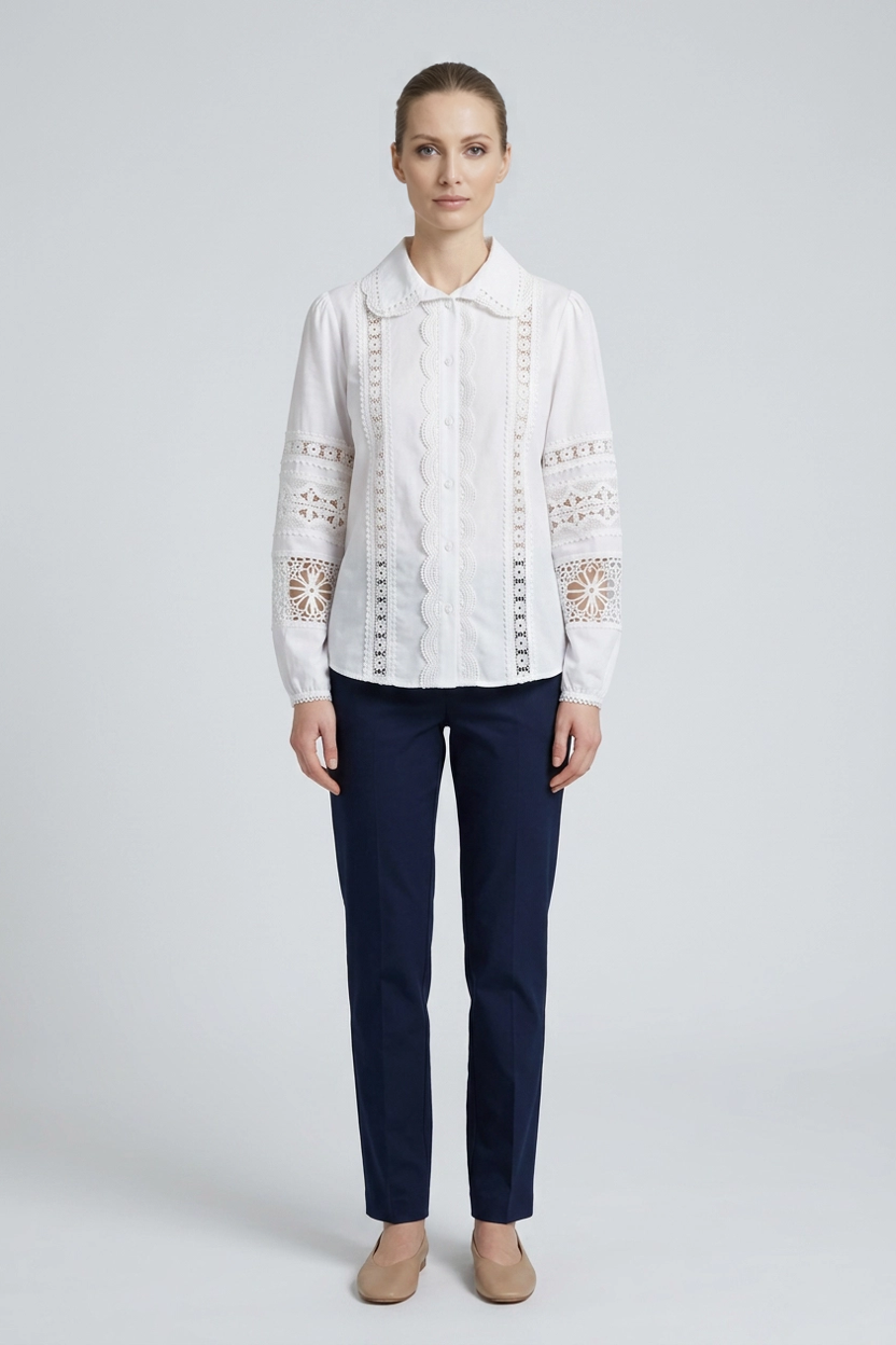 Genevieve | Crochet Lace Trim Poplin Shirt — White (front)