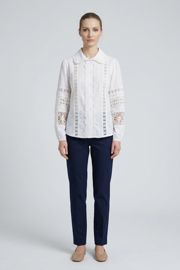 Genevieve | Crochet Lace Trim Poplin Shirt — White (front)
