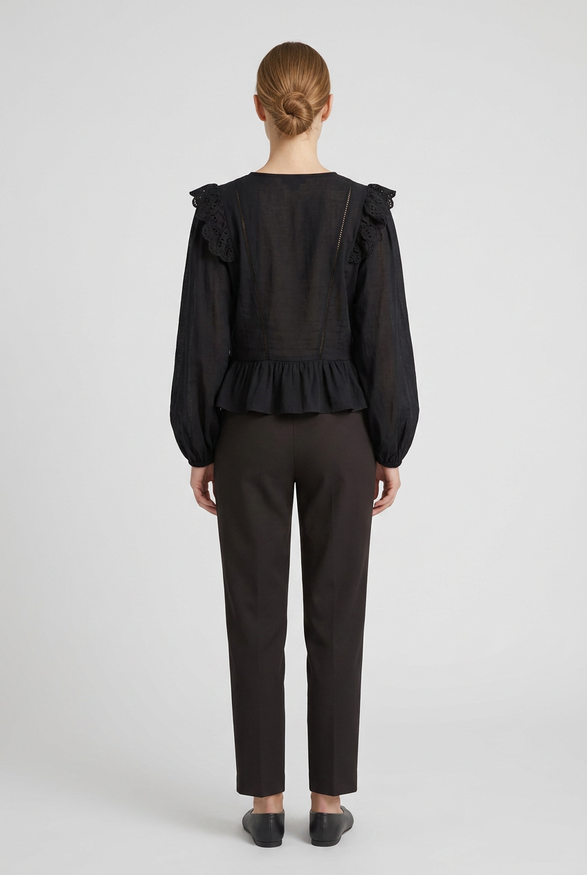 Ophira | Cutwork Lace Peplum Blouse — Black (back)