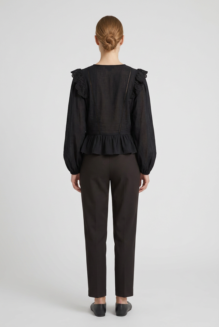 Ophira | Cutwork Lace Peplum Blouse — Black (back)