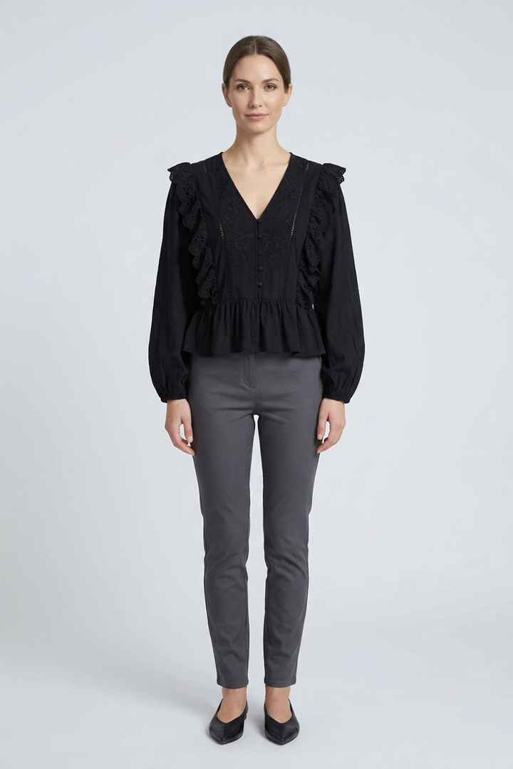 Ophira | Cutwork Lace Peplum Blouse — Black (front)