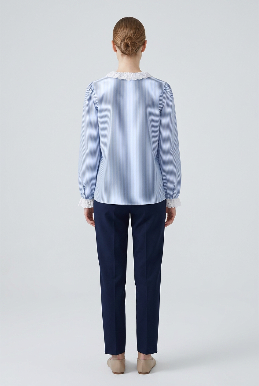 Colette | Striped Eyelet Ruffle Bib Blouse — Blue (back)