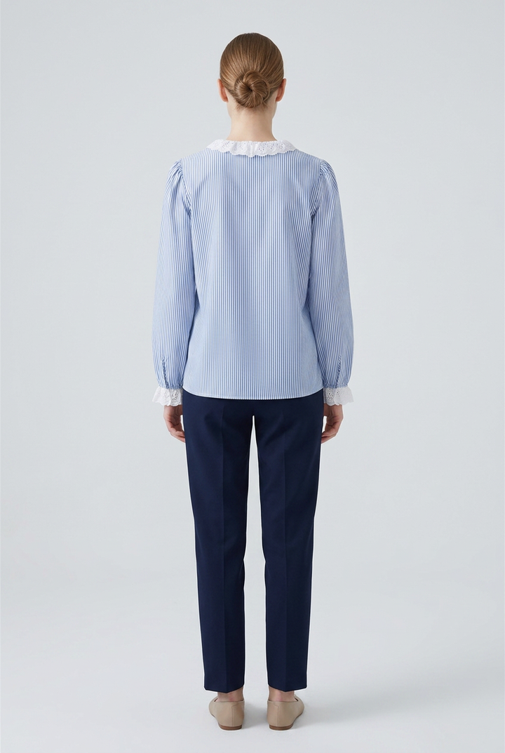 Colette | Striped Eyelet Ruffle Bib Blouse — Blue (back)