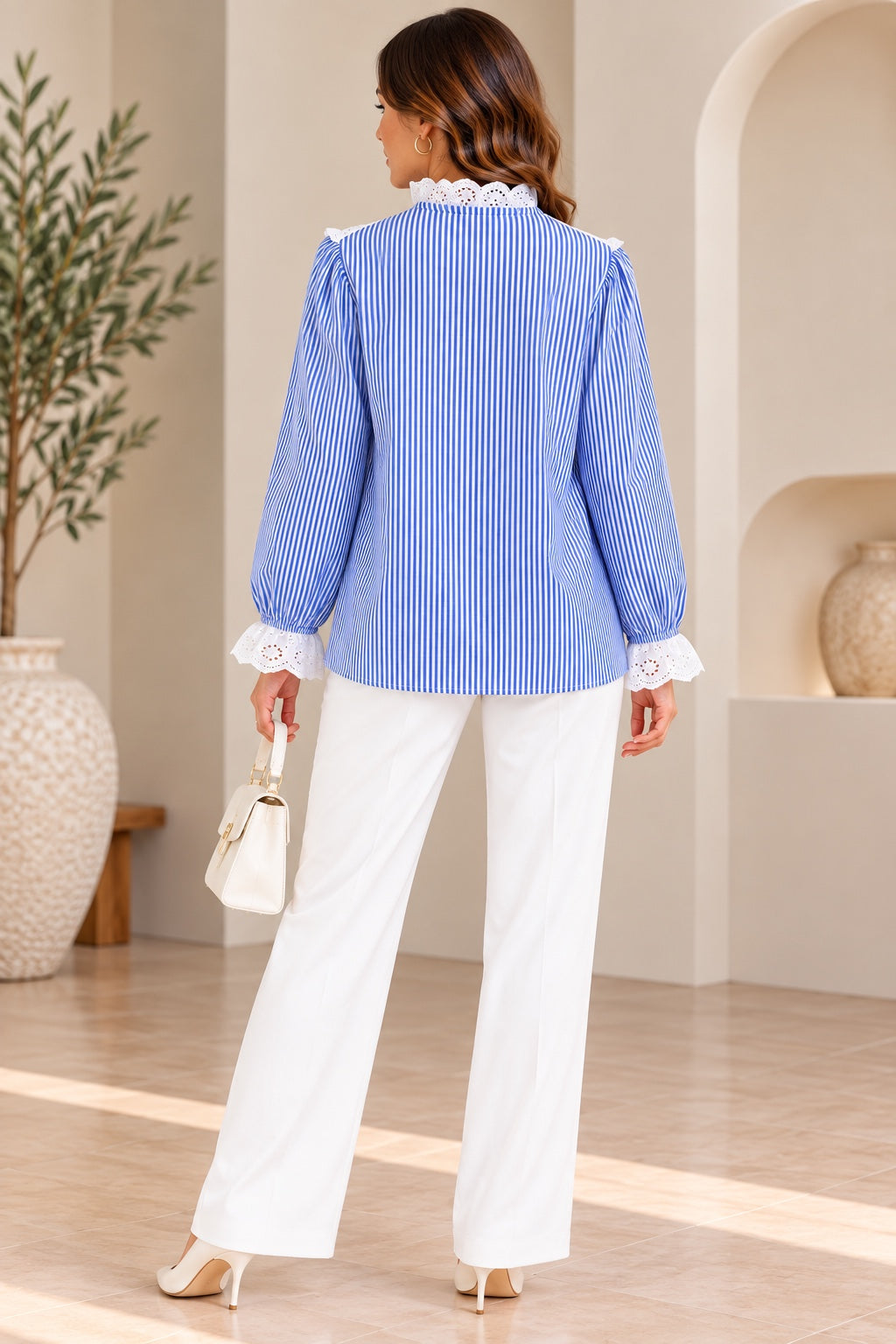 Colette | Striped Eyelet Ruffle Bib Blouse — Blue (back)