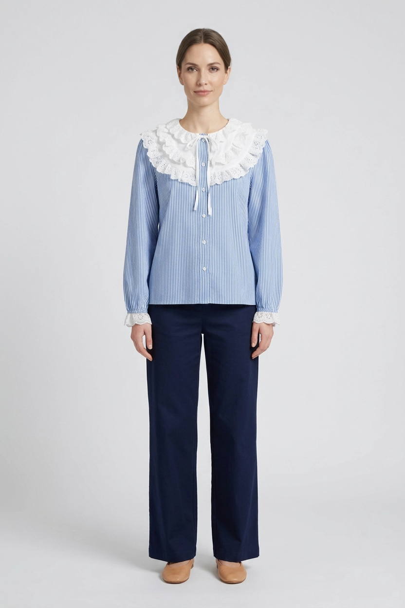 Colette | Striped Eyelet Ruffle Bib Blouse — Blue (front)