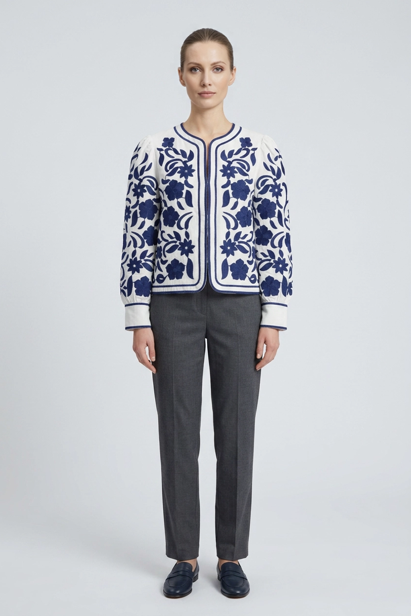 Liesel | Floral Embroidered Jacket — White (front)