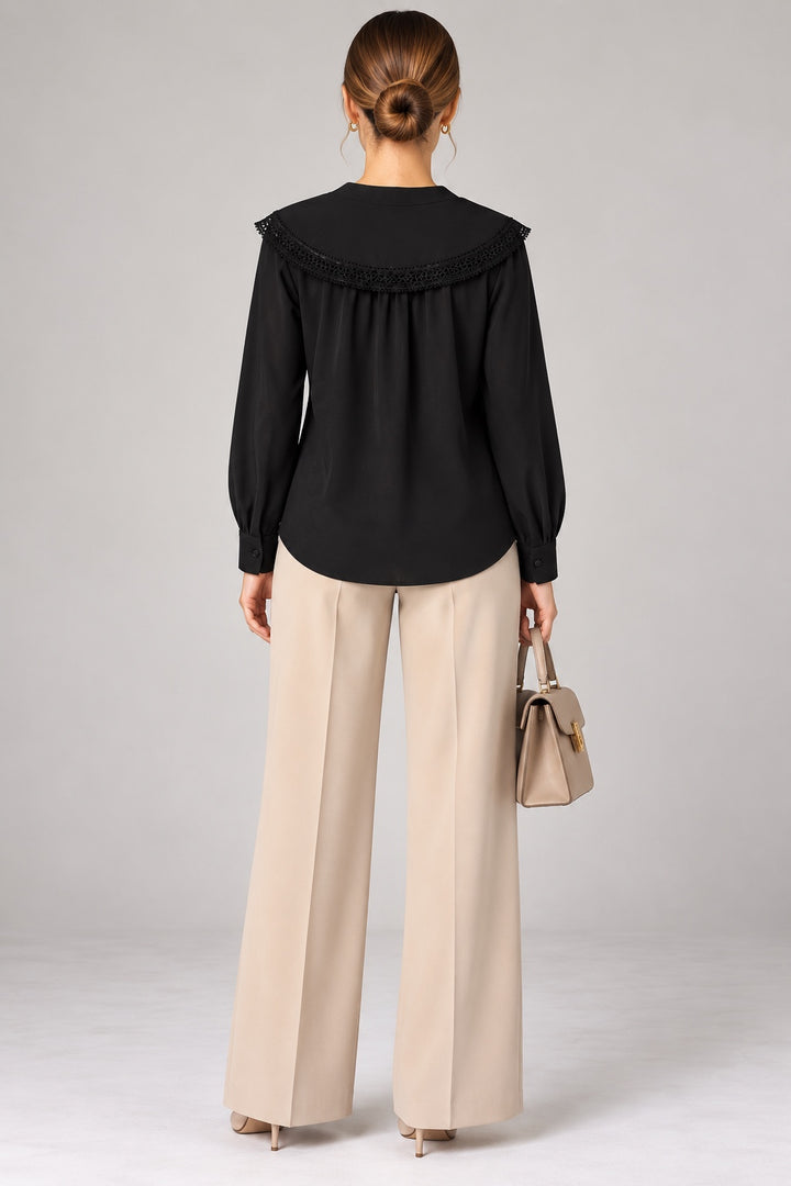 Cosette | Lace Statement Collar Poplin Blouse — Black (back)