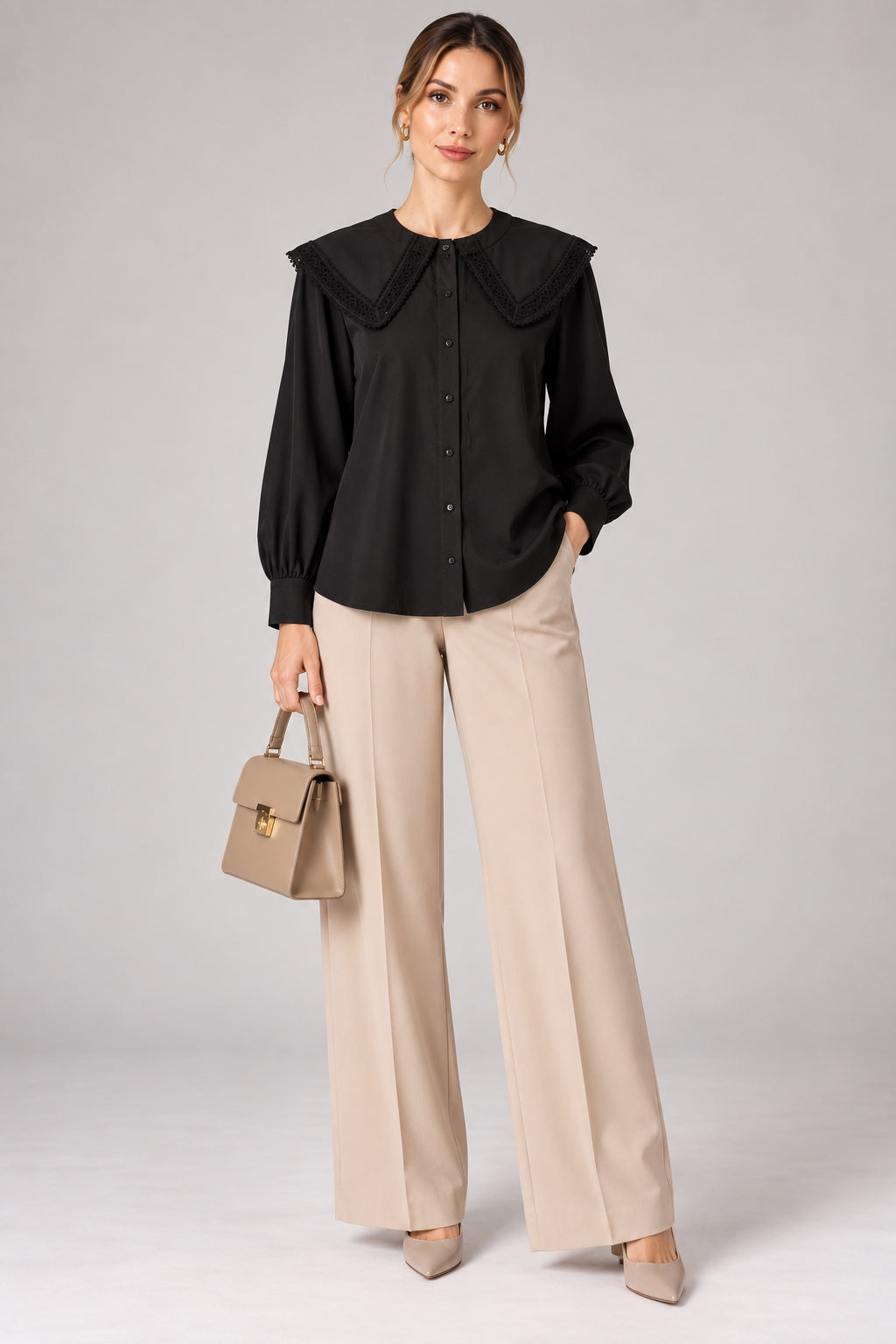 Cosette | Lace Statement Collar Poplin Blouse — Black (front)
