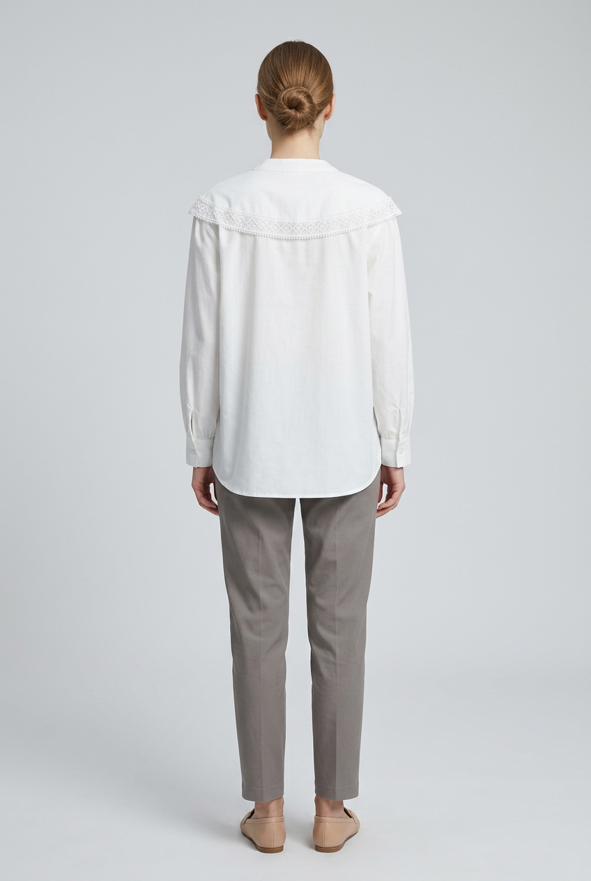 Cosette | Lace Statement Collar Poplin Blouse — White (back)
