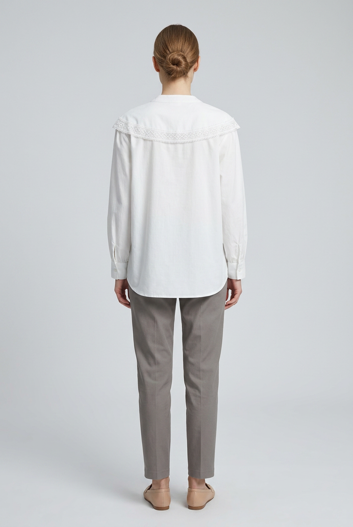 Cosette | Lace Statement Collar Poplin Blouse — White (back)