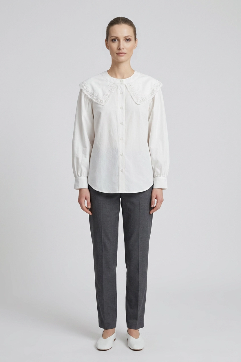 Cosette | Lace Statement Collar Poplin Blouse — White (front)
