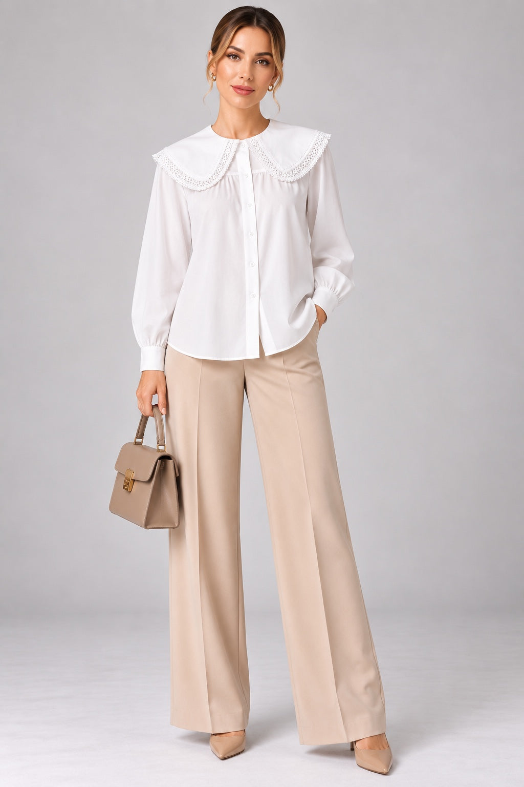 Cosette | Lace Statement Collar Poplin Blouse — White (front)
