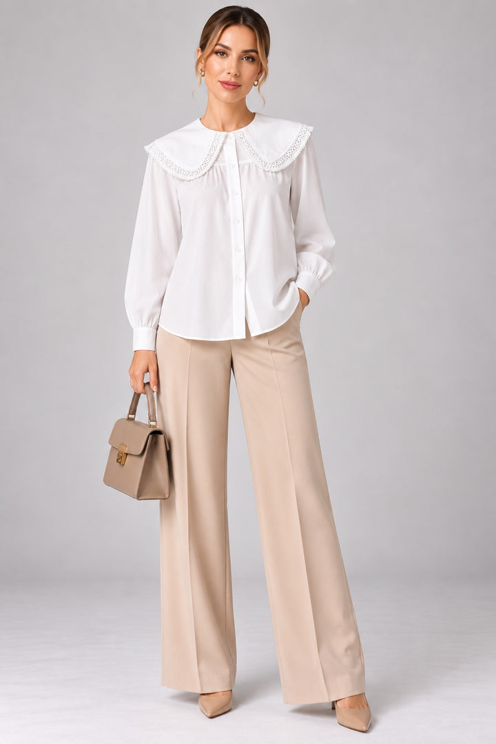 Cosette | Lace Statement Collar Poplin Blouse — White (front)