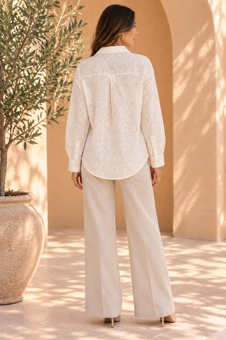 Liora | Fern Eyelet Button-Down Shirt — White (back)