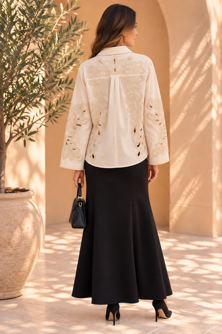 Ottilie | Cutwork Soutache Linen Shirt — Beige (back)