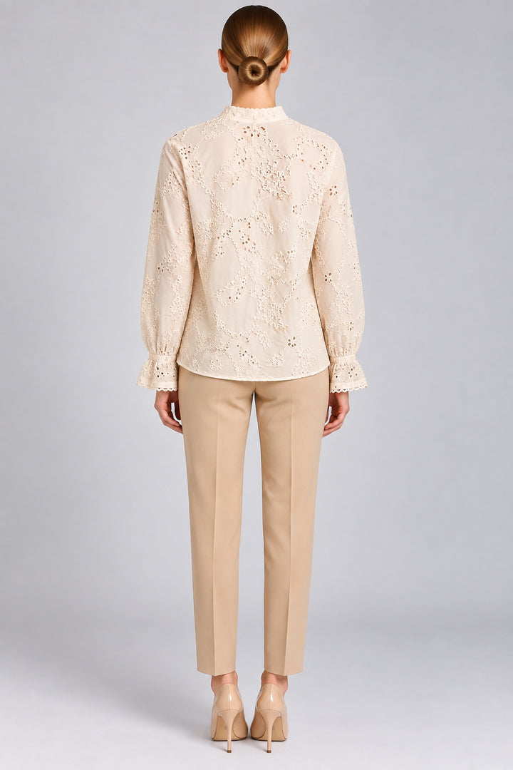 Mireia | Textured Cornelli Embroidered Blouse — Beige (back)