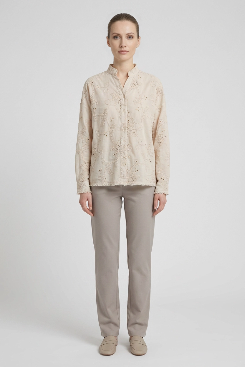 Mireia | Textured Cornelli Embroidered Blouse — Beige (front)