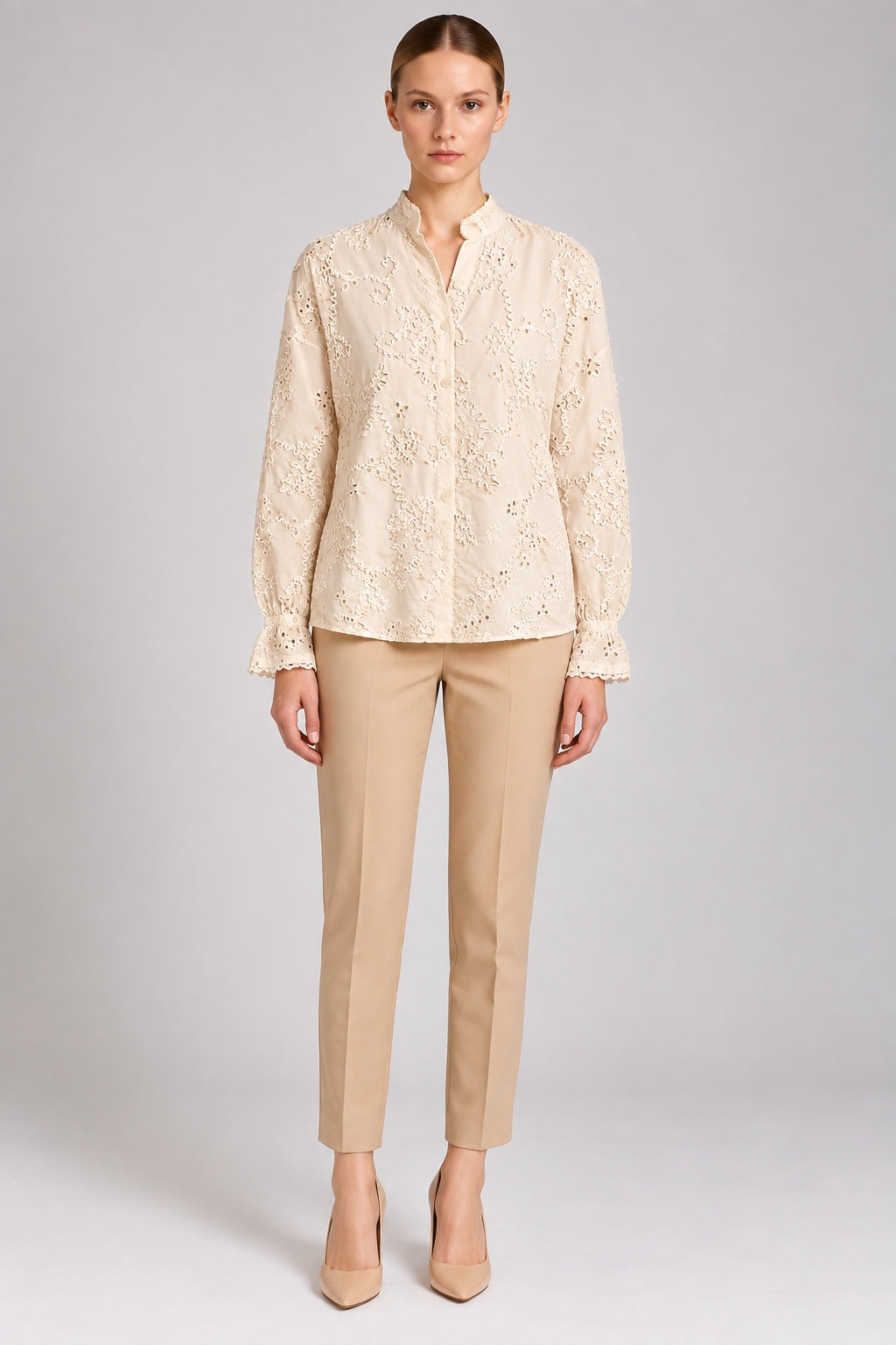 Mireia | Textured Cornelli Embroidered Blouse — Beige (front)