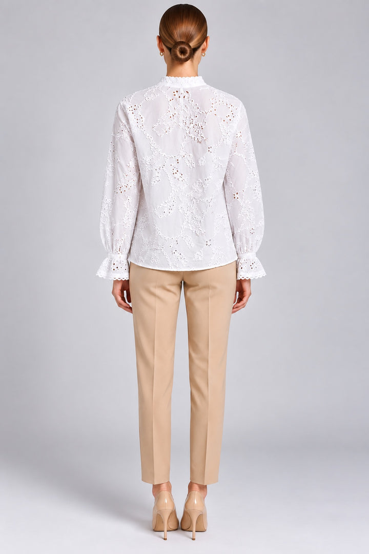 Mireia | Textured Cornelli Embroidered Blouse — White (back)