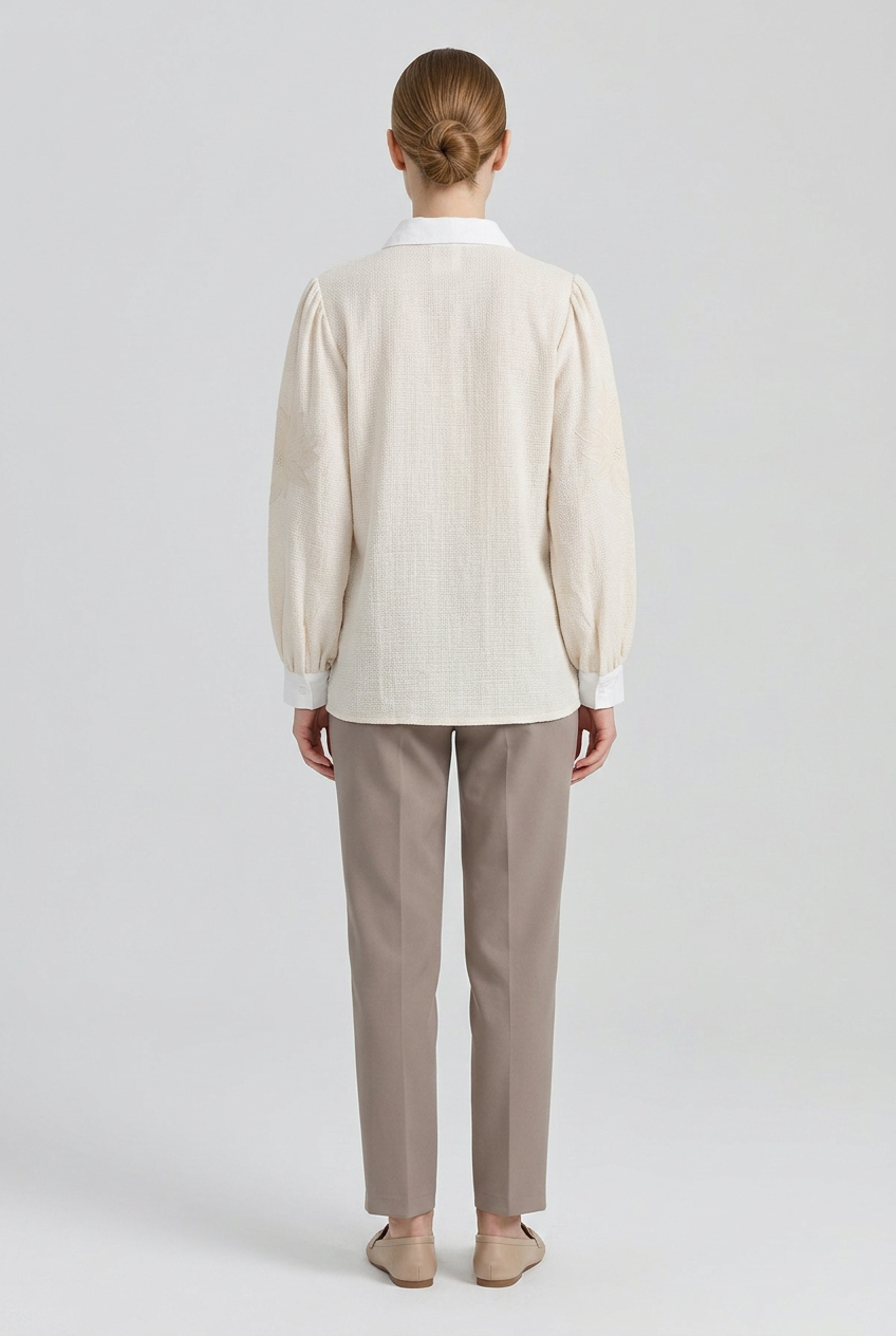 Amaryllis | Floral Embossed Textured Weave Shirt — Beige (back)