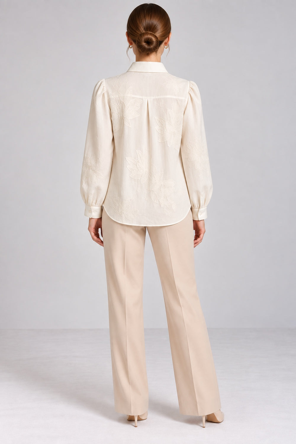 Amaryllis | Floral Embossed Textured Weave Shirt — Beige (back)
