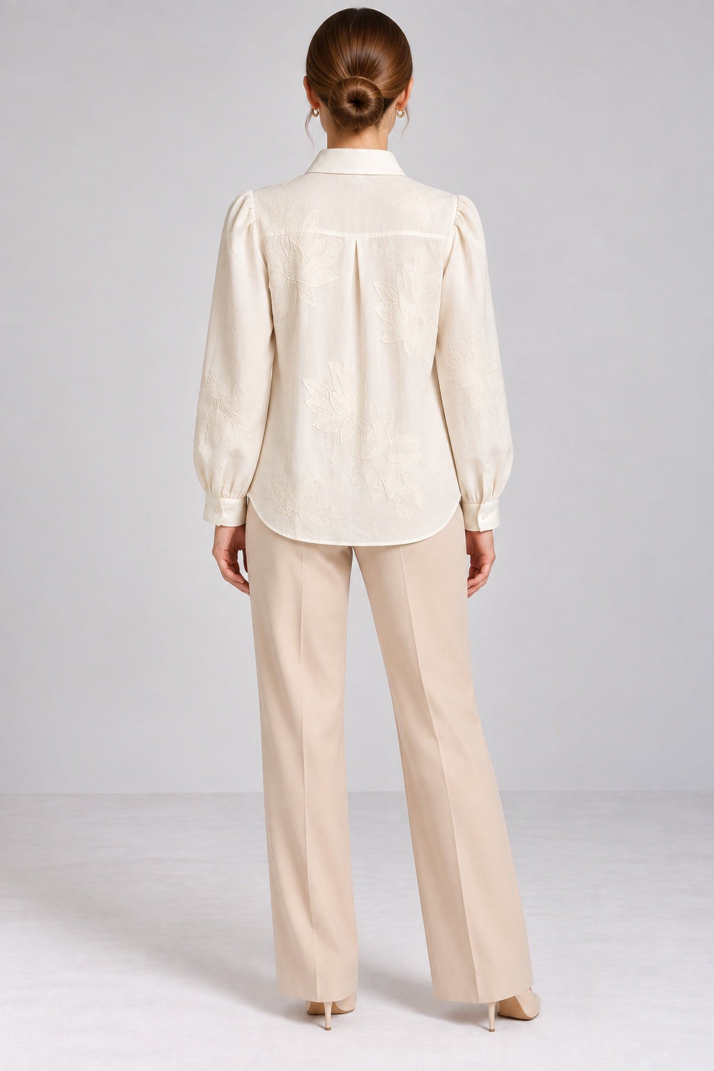 Amaryllis | Floral Embossed Textured Weave Shirt — Beige (back)