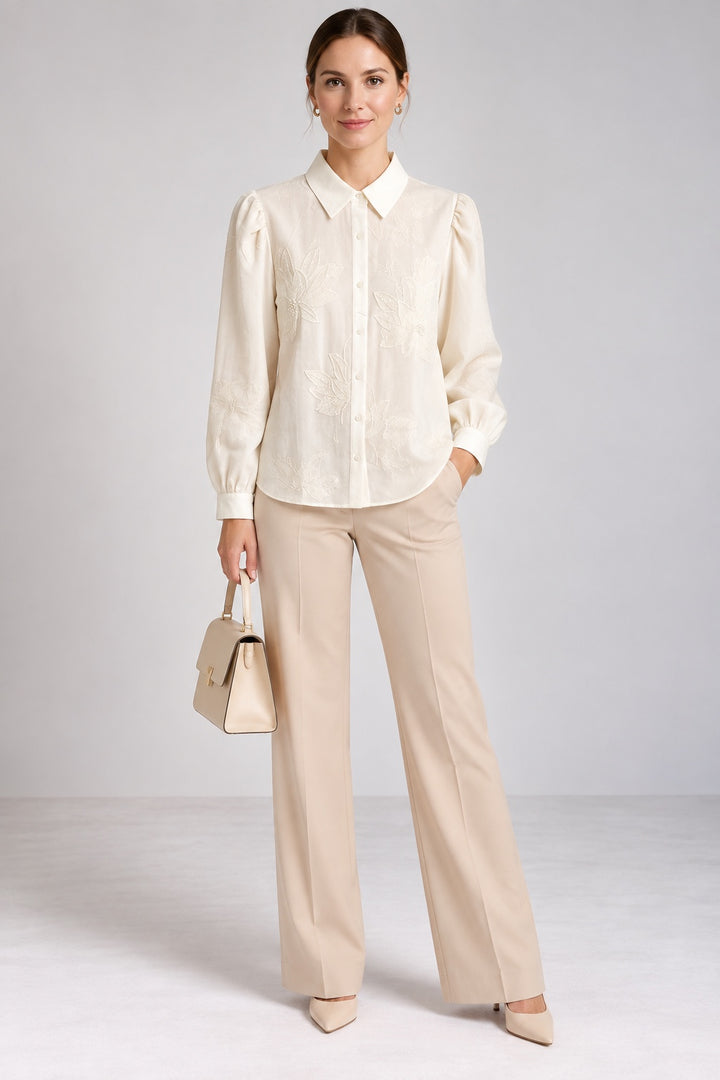 Amaryllis | Floral Embossed Textured Weave Shirt — Beige (front)