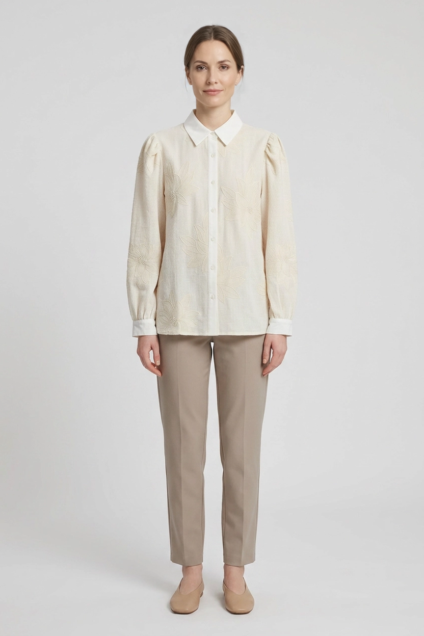 Amaryllis | Floral Embossed Textured Weave Shirt — Beige (front)