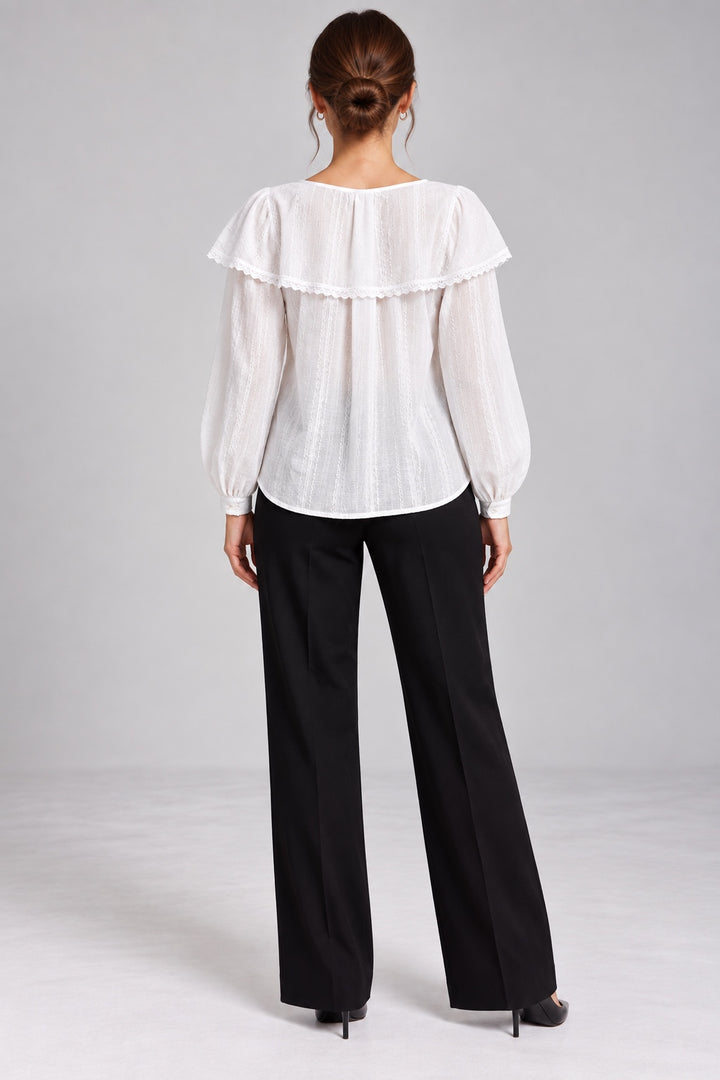 Bonnie | Waffle Knit Caped Peasant Blouse — White (back)