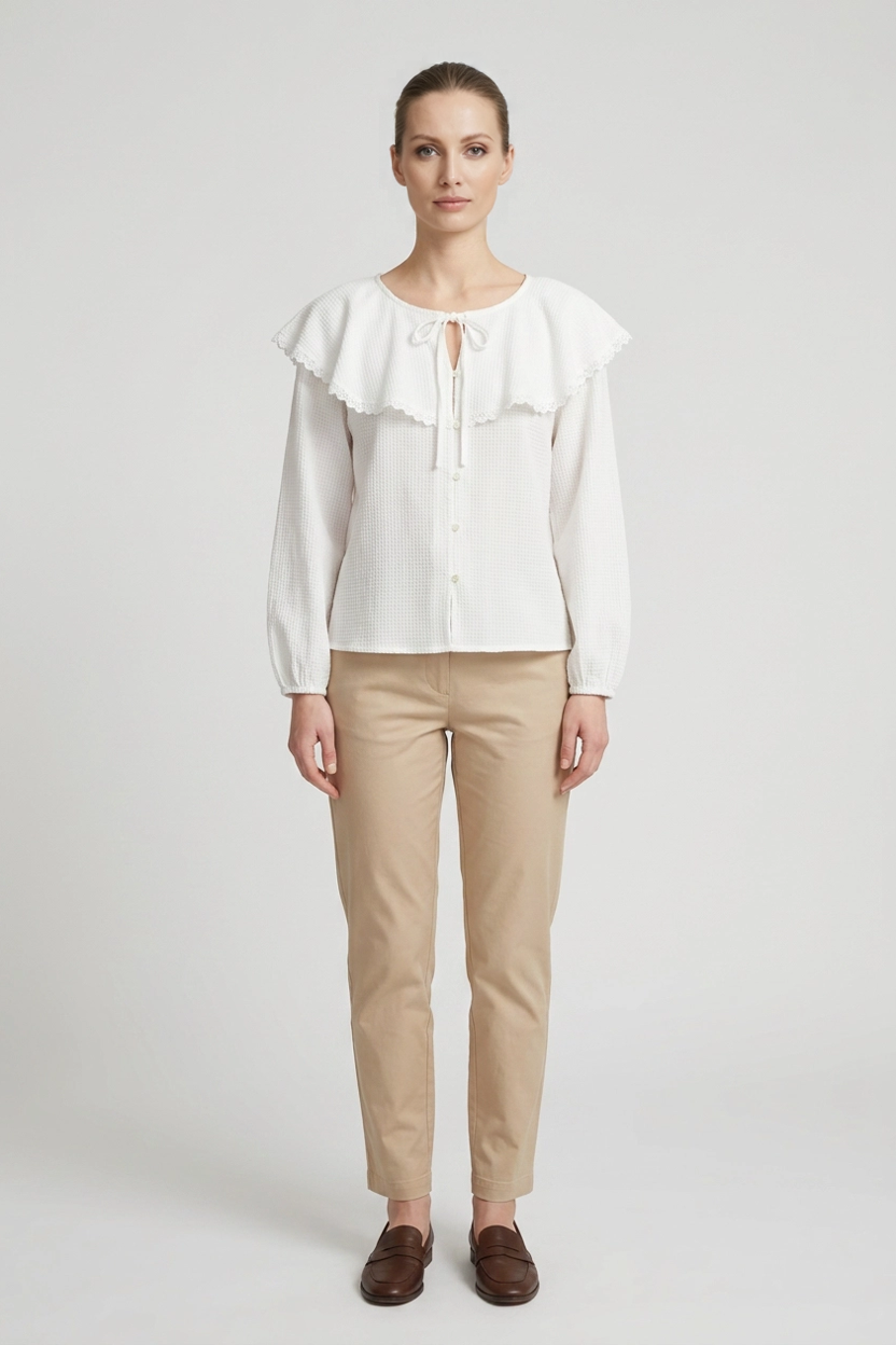 Bonnie | Waffle Knit Caped Peasant Blouse — White (front)