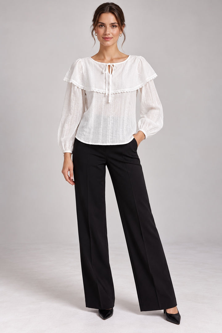Bonnie | Waffle Knit Caped Peasant Blouse — White (front)