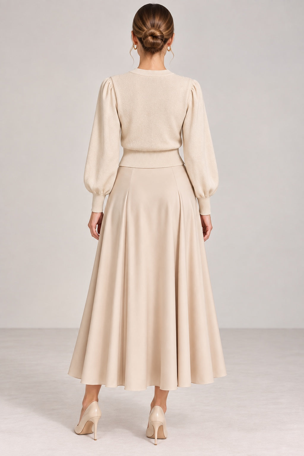 Margaux | Cable Knit Satin Sleeve Cardigan — Beige (back)