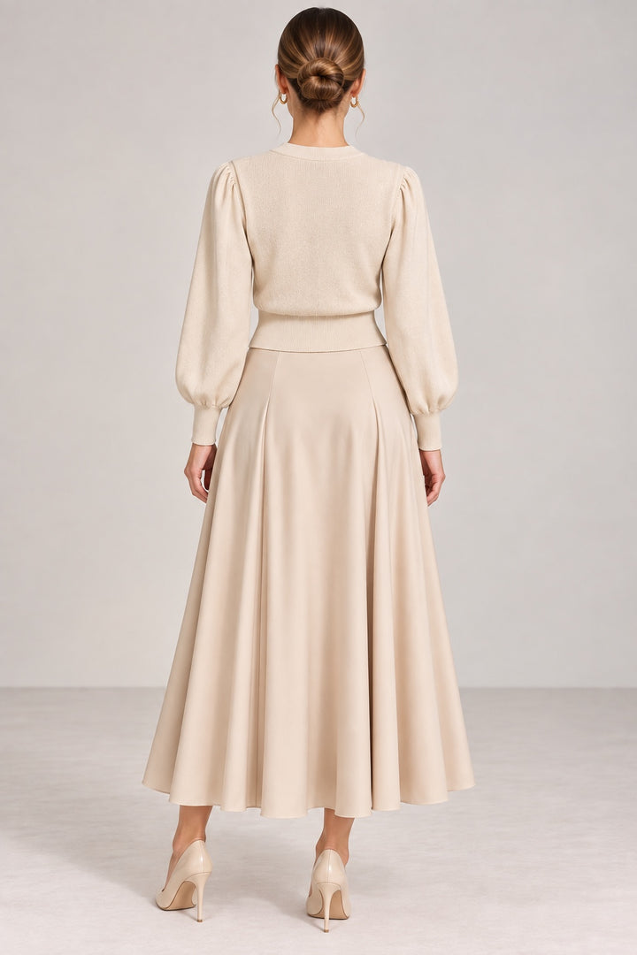 Margaux | Cable Knit Satin Sleeve Cardigan — Beige (back)