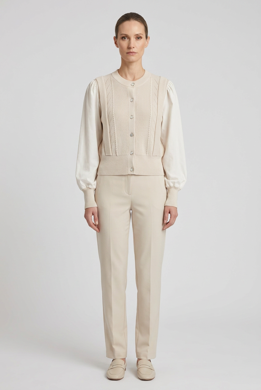 Margaux | Cable Knit Satin Sleeve Cardigan — Beige