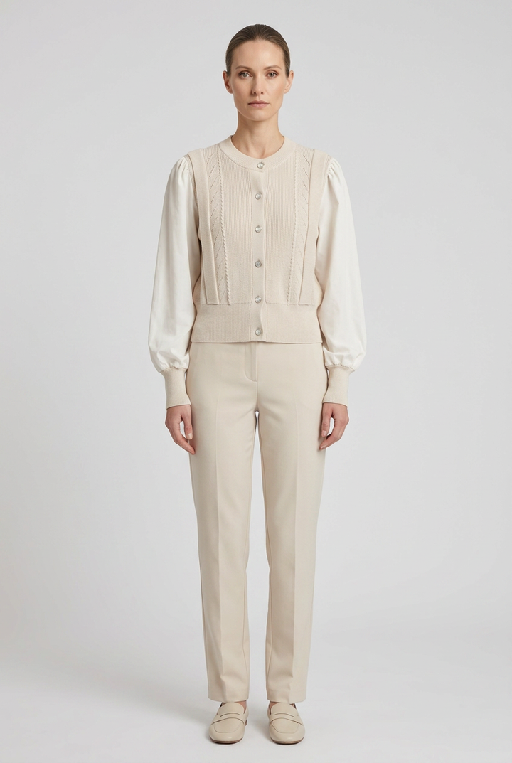 Margaux | Cable Knit Satin Sleeve Cardigan — Beige