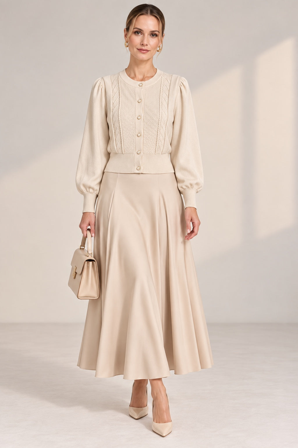 Margaux | Cable Knit Satin Sleeve Cardigan — Beige (front)