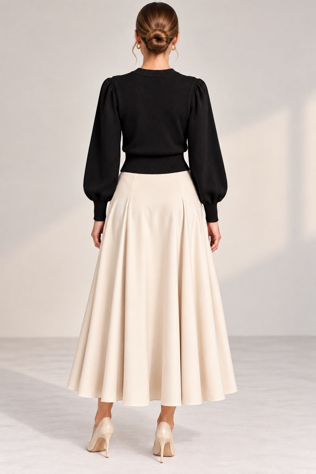 Margaux | Cable Knit Satin Sleeve Cardigan — Black (back)