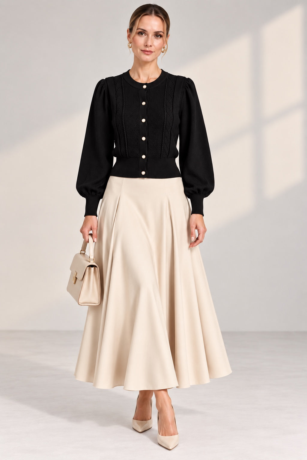 Margaux | Cable Knit Satin Sleeve Cardigan — Black (front)